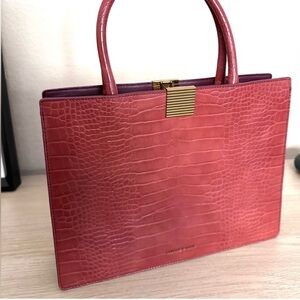 Elegant Faux Crocodile Embossed Maroon Charles & Keith Handbag